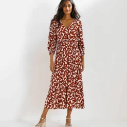 Robe longue boutonnée, crépon, imprimé graphique