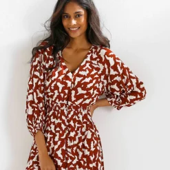 Robe longue boutonnée, crépon, imprimé graphique