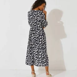 Robe longue boutonnée, crépon, imprimé graphique