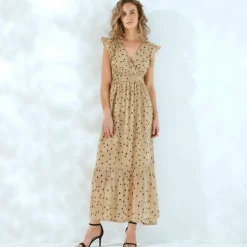 Robe longue cache-coeur sans manches voile imprimé