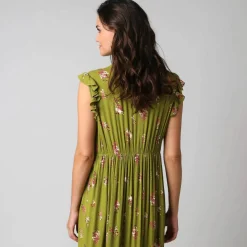 Robe longue col V, en crépon imprimé bouquets fleuris