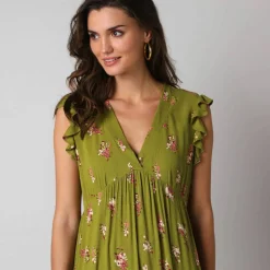 Robe longue col V, en crépon imprimé bouquets fleuris