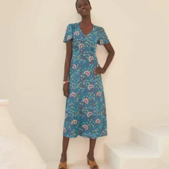 Robe longue col V imprimée, manches papillon