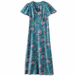 Robe longue col V imprimée, manches papillon