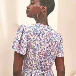 Robe longue col V imprimée, manches papillon