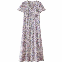 Robe longue col V imprimée, manches papillon