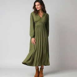 Robe longue col V manches bouffantes, en crépon