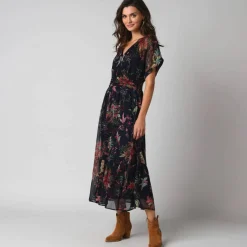 Robe longue col V, voile imprimé floral