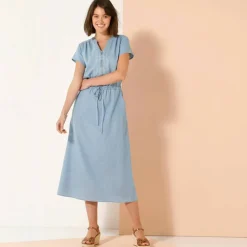 Robe longue col zippé, denim léger