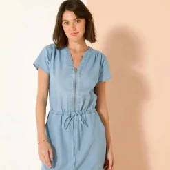 Robe longue col zippé, denim léger