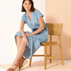 Robe longue col zippé, denim léger