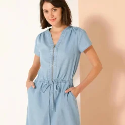 Robe longue col zippé, denim léger