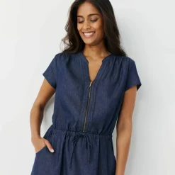 Robe longue col zippé, denim léger