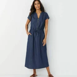 Robe longue col zippé, denim léger