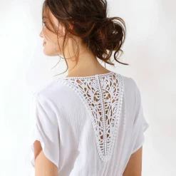Robe longue crépon, détail macramé