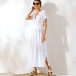 Robe longue crépon, détail macramé