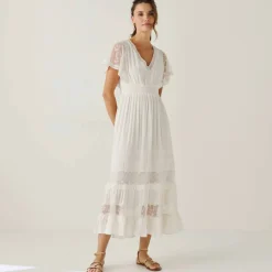 Robe longue crépon et tulle brodé