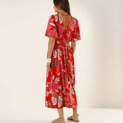 Robe longue décolleté cache-coeur, crêpe imprimé