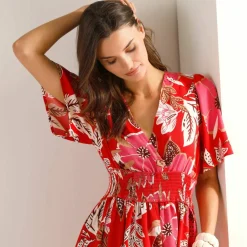 Robe longue décolleté cache-coeur, crêpe imprimé