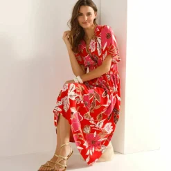 Robe longue décolleté cache-coeur, crêpe imprimé