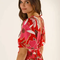 Robe longue décolleté cache-coeur, crêpe imprimé