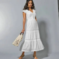 Robe longue dentelle macramé