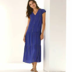 Robe longue en crépon, fils brillants