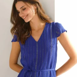 Robe longue en crépon, fils brillants