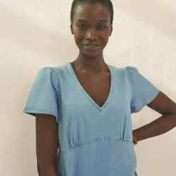 Robe longue en jean, manches papillon