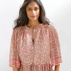 Robe longue en voile imprimé, manches papillon