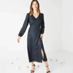 Robe longue fluide col V unie