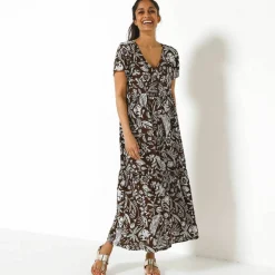 Robe longue imprimée col V, crépon