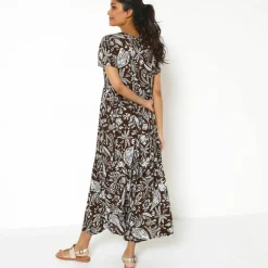 Robe longue imprimée col V, crépon