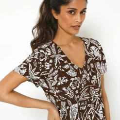 Robe longue imprimée col V, crépon