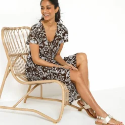 Robe longue imprimée col V, crépon