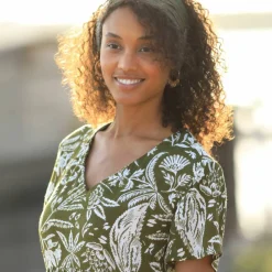 Robe longue imprimée col V, crépon