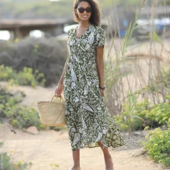 Robe longue imprimée col V, crépon