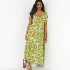 Robe longue imprimée col V, crépon