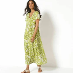 Robe longue imprimée col V, crépon