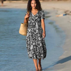 Robe longue imprimée col V, crépon