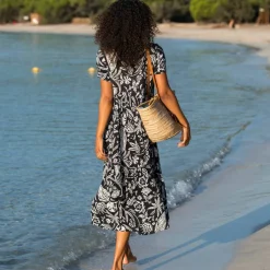Robe longue imprimée col V, crépon