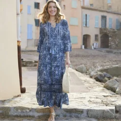Robe longue imprimée manches 3/4 fendues