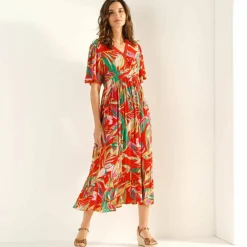 Robe longue macramé, imprimé tropical