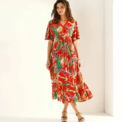 Robe longue macramé, imprimé tropical