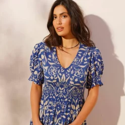 Robe longue manches courtes, crépon imprimé
