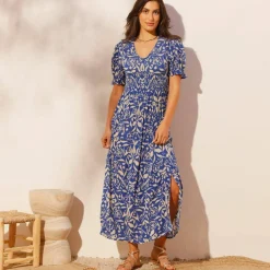 Robe longue manches courtes, crépon imprimé
