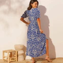 Robe longue manches courtes, crépon imprimé