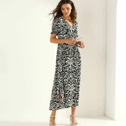 Robe longue manches courtes, crépon imprimé