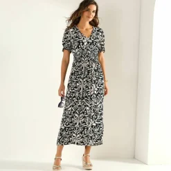 Robe longue manches courtes, crépon imprimé