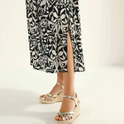 Robe longue manches courtes, crépon imprimé